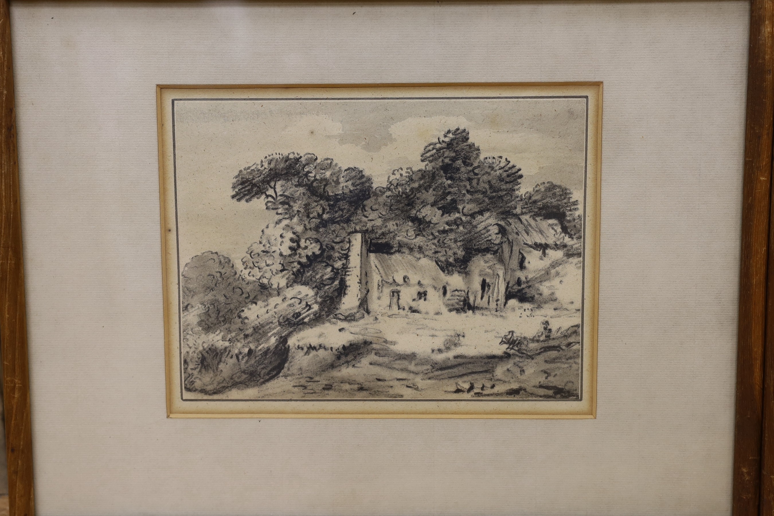 Dr Thomas Monro (1759-1833), charcoal on paper, View of a cottage and tree beside a fence, Palser Gallery labels verso, 16 x 21cm